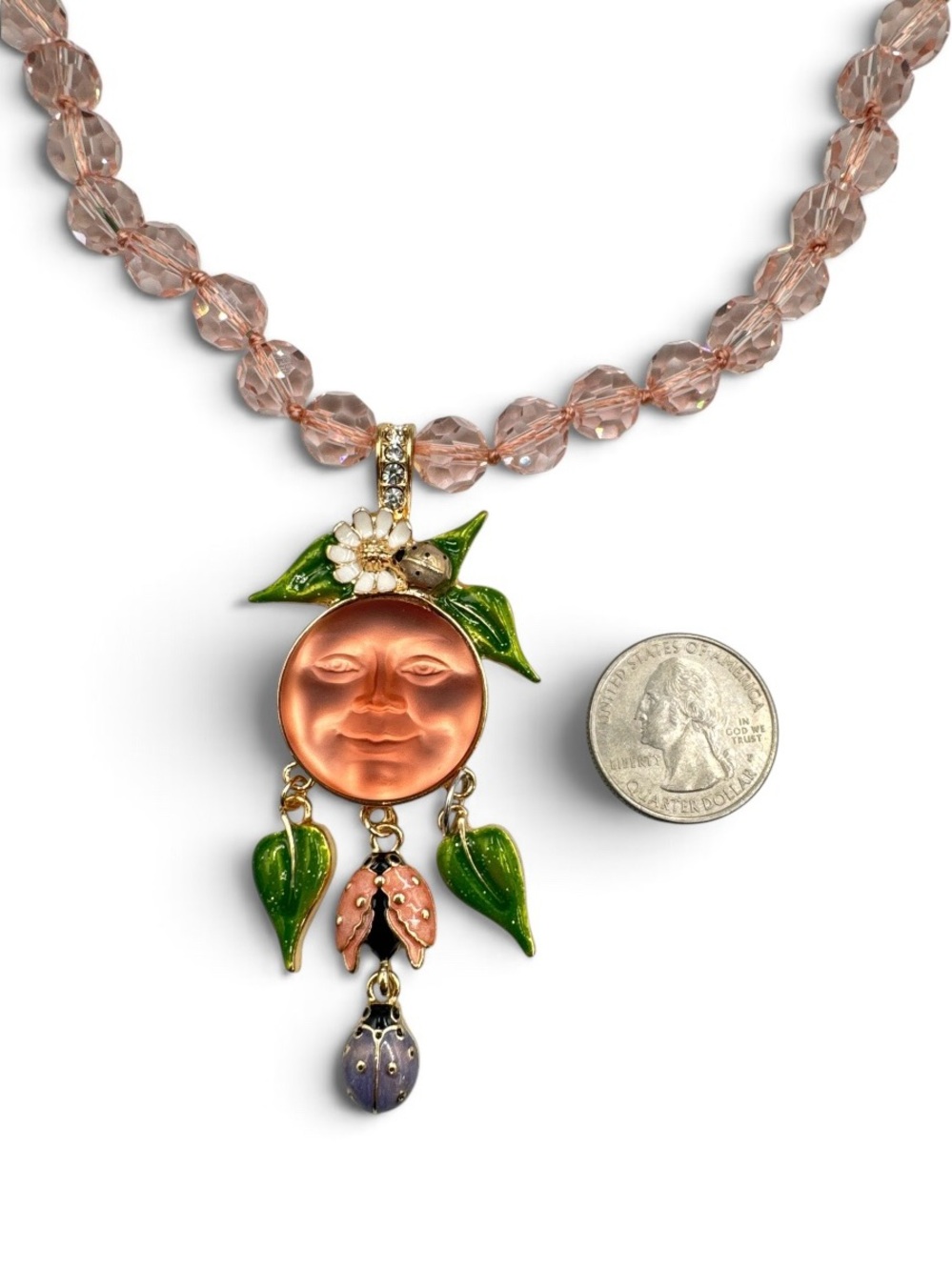 Vintage Y2K Kirk’s Folly Moon Face Ladybug Enamel Crystal Pendant Necklace - Picture 5 of 9